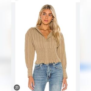 Free People Smocked Top Size Medium Tammy Button Down Top In Khaki Revolve